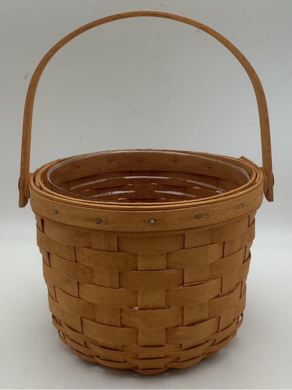 Vintage 1994 Longaberger Round  Handwoven  Fruit Basket with Handles and Plast…